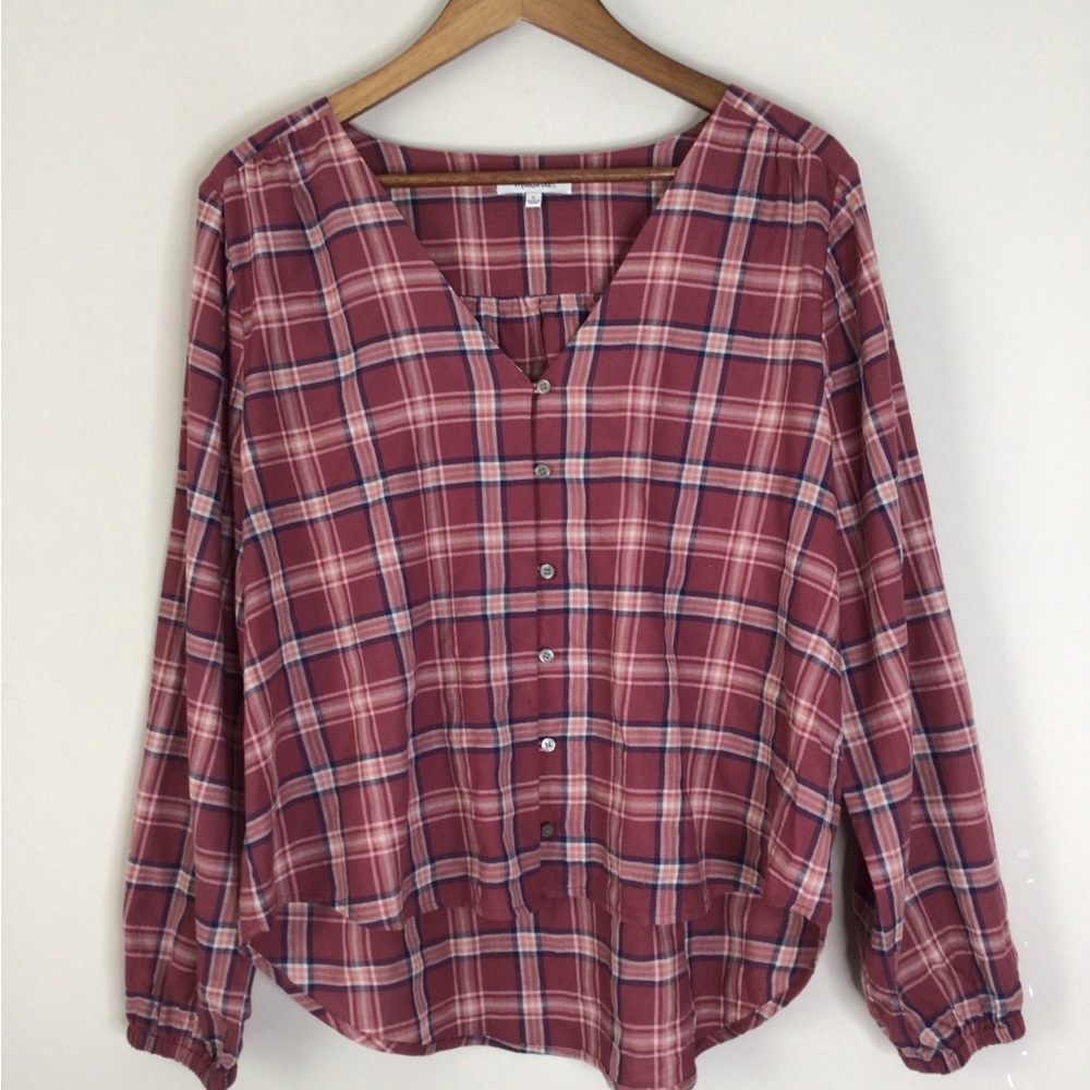 Madewell Dusty Rose Plaid Button Down Top L Hi-lo V-neck Gathers